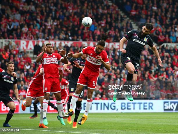 Mile Jedinak of Aston Villa scores his sides first goal during the Sky Bet Championship Play Off Semi Final First Leg match between Middlesbrough and...