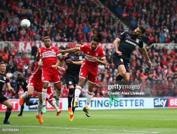 Mile Jedinak of Aston Villa scores his sides first goal during the Sky Bet Championship Play Off Semi Final First Leg match between Middlesbrough and...