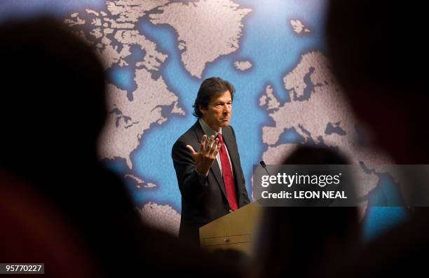 Pakistani opposition politician Imran Khan speaks to assembled members of the Chatham House international forum at Chatham House in central London on...