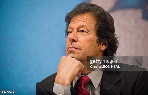 Pakistani opposition politician Imran Khan speaks to assembled members of the Chatham House international forum at Chatham House in central London on...