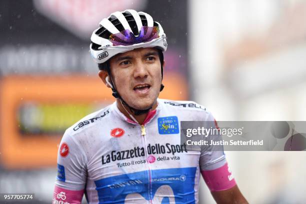 Arrival / Richard Carapaz of Ecuador and Movistar Team White Young Jersey / Celebration / Rain / during the 101th Tour of Italy 2018, Stage 8 a 209km...