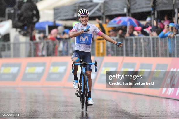 Arrival / Richard Carapaz of Ecuador and Movistar Team White Young Jersey / Celebration / Rain / during the 101th Tour of Italy 2018, Stage 8 a 209km...