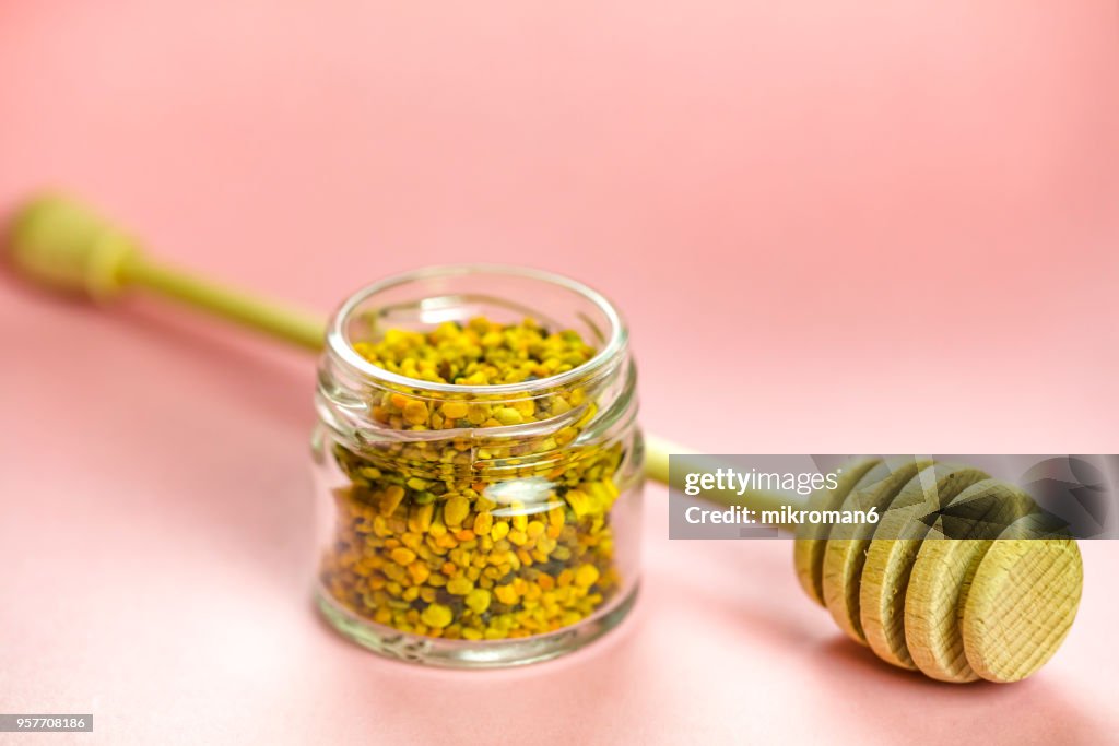 Raw organic bee pollen. Bee pollen granules. Apitherapy