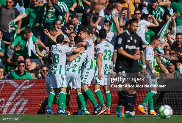 Marc Bartra of Real Betis Balompie celebrates after scoring the first goal for Real Betis Balompie during the La Liga match between Real Betis and...