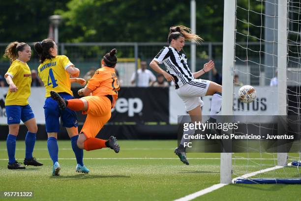 Sofia Cantore of Juventus Women scores the opening goal during the Serie A match between Juventus Women and Tavagnacco Women at Juventus Center...