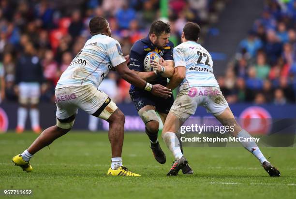 Bilbao , Spain - 12 May 2018; Robbie Henshaw of Leinster is tackled by Henry Chavancy and Remi Tales of Racing 92 during the European Rugby Champions...