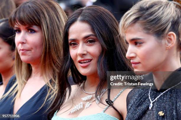 Patty Jenkins, Salma Hayek and Sofia Boutella pose on the red carpet in protest of the lack of female filmmakers honored throughout the history of...