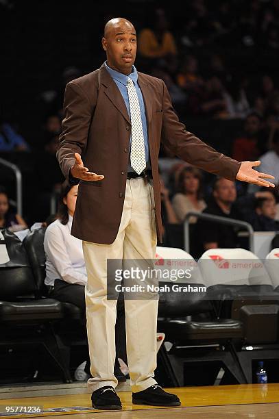 Head coach Chucky Brown of the Los Angeles D-Fenders reacts during the D-League game against the Rio Grande Valley Vipers on January 3, 2010 at...