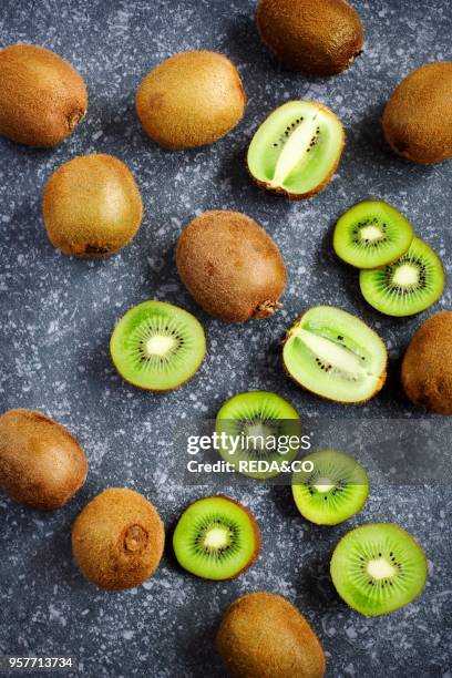 Slices of kiwi fruit frame on stone background.