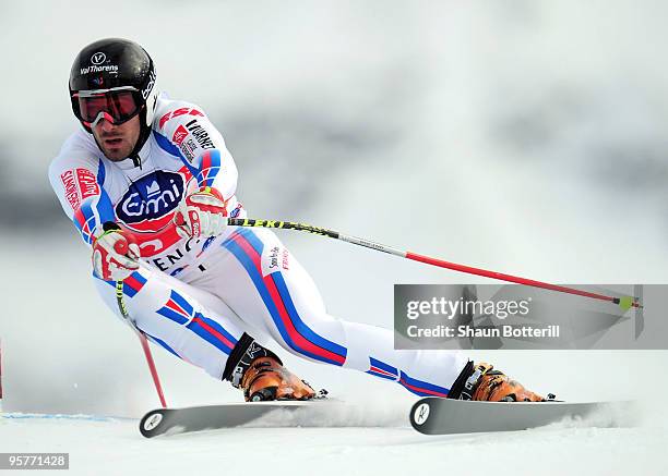 Adrien Theaux of France in action during the FIS Ski World Cup Downhill training on January 14, 2010 in Wengen, Switzerland.