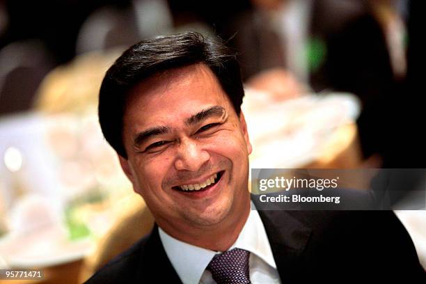 Abhisit Vejjajiva, Thailand's prime minister, gestures while attending a meeting at the Foreign Correspondents' Club of Thailand in Bangkok,...