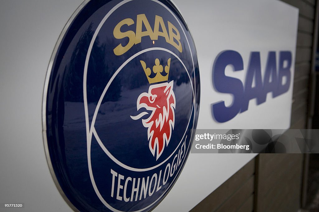Saabe The Saab Technologies logo is displayed on a sign at the entrance to ...