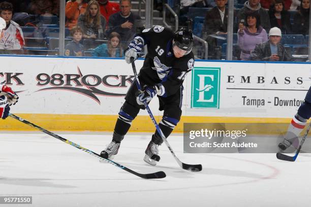 Stephane Veilleux of the Tampa Bay Lightning shoots the puck against the Washington Capitals at the St. Pete Times Forum on January 12, 2010 in...