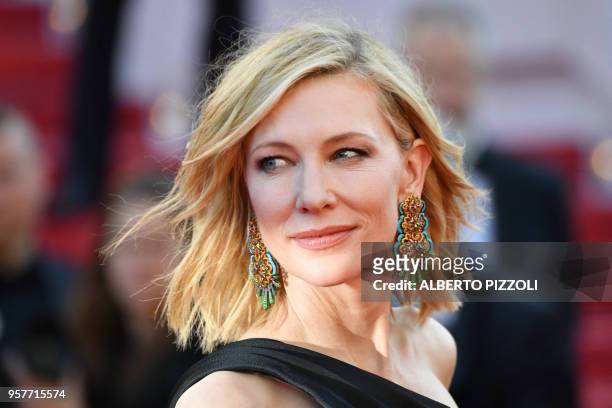 Australian actress Cate Blanchett poses as she arrives on May 12, 2018 for the screening of the film "Girls of the Sun " at the 71st edition of the...