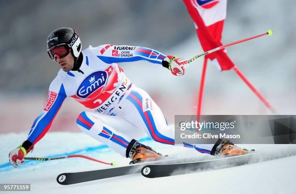 Adrien Theaux of France in action during the FIS Ski World Cup Downhill training on January 14, 2010 in Wengen, Switzerland.