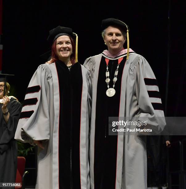 Rosanne Cash receives an Honorary Doctor of Music Degree at the Berklee College of Music Commencement day ceremony at Agganis Arena at Boston...