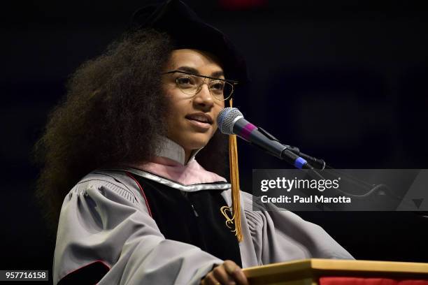 Esperanza Spalding delivers the commencement address at the Berklee College of Music Commencement day ceremony at Agganis Arena at Boston University...