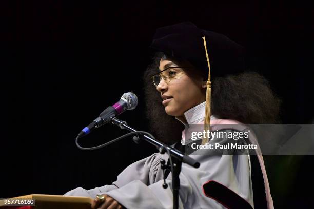 Esperanza Spalding delivers the commencement address at the Berklee College of Music Commencement day ceremony at Agganis Arena at Boston University...