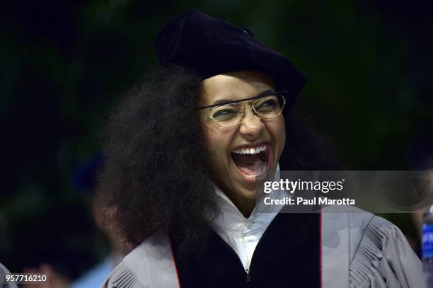 Esperanza Spalding receives an Honorary Doctor of Music Degree at the Berklee College of Music Commencement day ceremony at Agganis Arena at Boston...