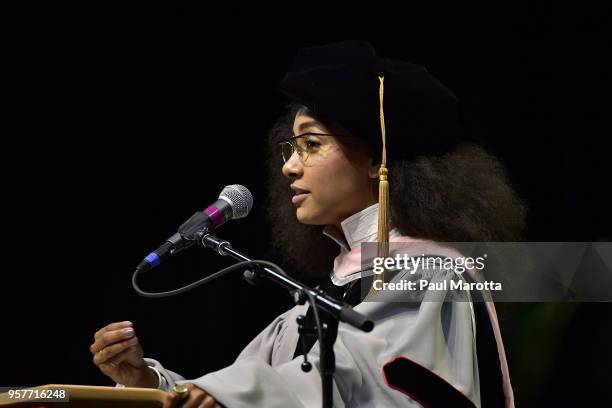 Esperanza Spalding delivers the commencement address at the Berklee College of Music Commencement day ceremony at Agganis Arena at Boston University...