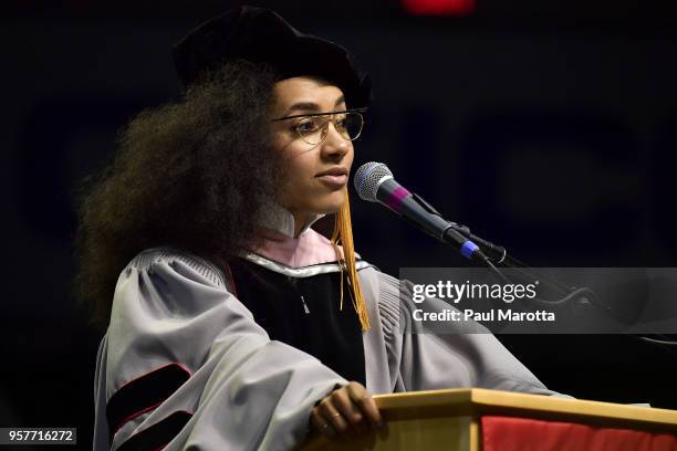 Esperanza Spalding delivers the commencement address at the Berklee College of Music Commencement day ceremony at Agganis Arena at Boston University...