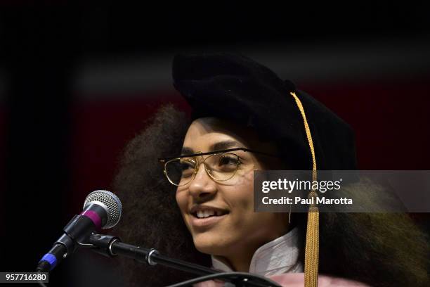 Esperanza Spalding delivers the commencement address at the Berklee College of Music Commencement day ceremony at Agganis Arena at Boston University...