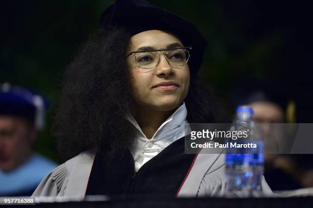 Esperanza Spalding receives an Honorary Doctor of Music Degree at the Berklee College of Music Commencement day ceremony at Agganis Arena at Boston...