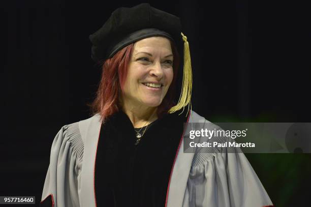 Rosanne Cash receives an Honorary Doctor of Music Degree at the Berklee College of Music Commencement day ceremony at Agganis Arena at Boston...