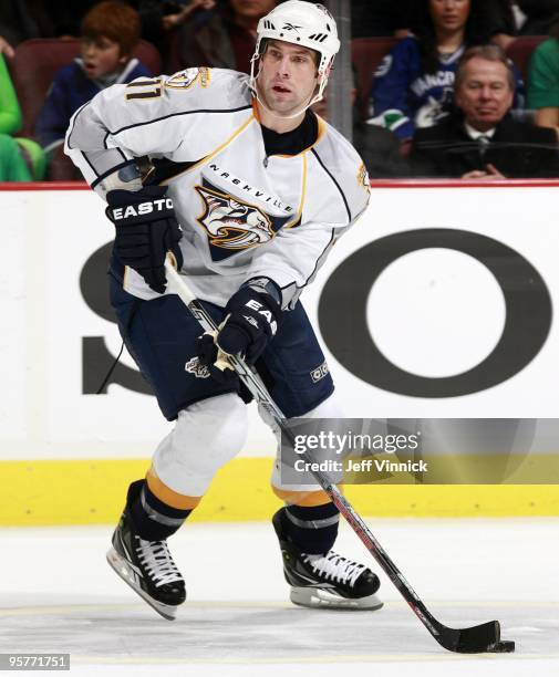 David Legwand of the Nashville Predators skates up ice with the puck during their game against the Vancouver Canucks at General Motors Place on...