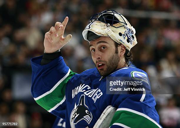 Roberto Luongo of the Vancouver Canucks looks on from his crease during their game against the Nashville Predators at General Motors Place on January...