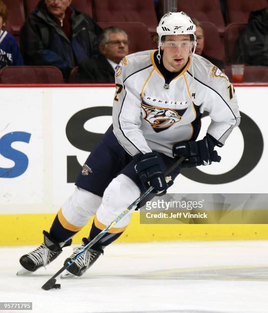 Andreas Thuresson of the Nashville Predators skates up ice with the puck during their game against the Vancouver Canucks at General Motors Place on...