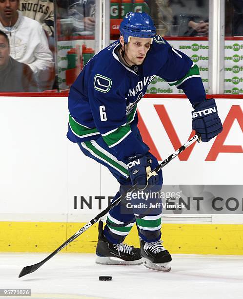 Sami Salo of the Vancouver Canucks skates up ice with the puck during their game against the Nashville Predators at General Motors Place on January...