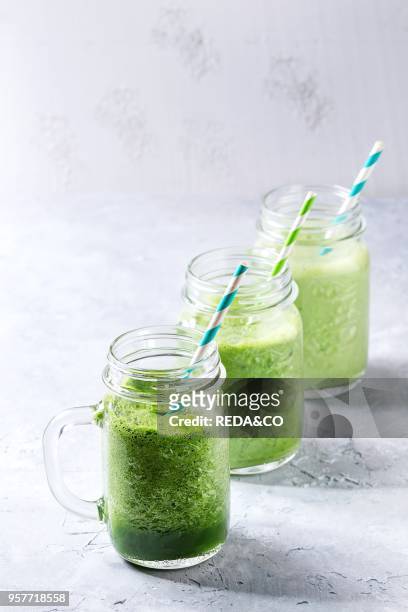 Variety of three color green spinach kale apple yogurt smoothie in mason jars with retro cocktail tubes over gray background. Healthy vegan detox...
