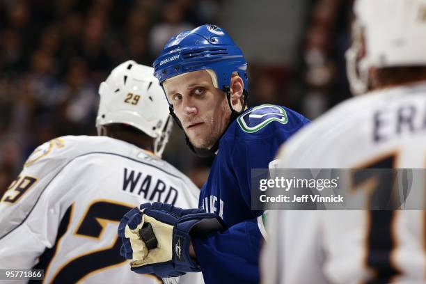 Sami Salo of the Vancouver Canucks looks to the bench during their game against the Nashville Predators at General Motors Place on January 11, 2010...