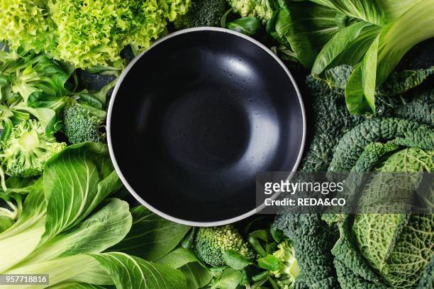Variety of raw green vegetables salads. Lettuce. Bok choy. Corn. Broccoli. Savoy cabbage round empty black ceramic bowl. Food background. Top view....