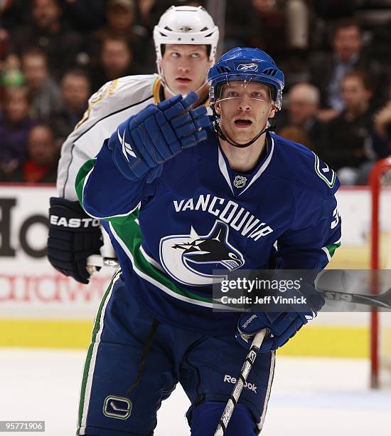 Jannik Hansen of the Vancouver Canucks skates to the bench during their game against the Nashville Predators at General Motors Place on January 11,...