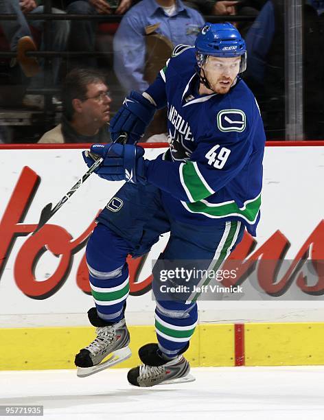 Alexandre Bolduc of the Vancouver Canucks skates up ice during their game against the Nashville Predators at General Motors Place on January 11, 2010...