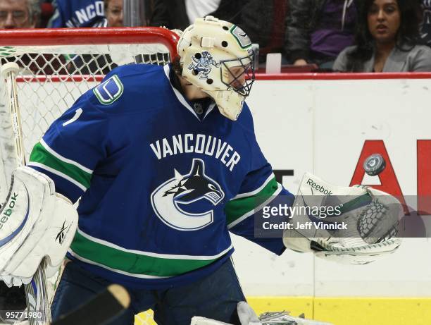Roberto Luongo of the Vancouver Canucks makes a glove save during their game against the Nashville Predators at General Motors Place on January 11,...