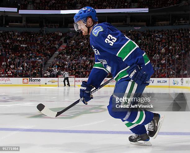 Henrik Sedin of the Vancouver Canucks skates up ice during their game against the Nashville Predators at General Motors Place on January 11, 2010 in...