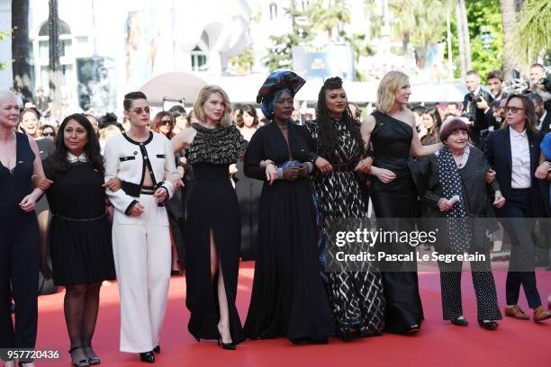 Haifaa al-Mansour, Kirsten Stewart, Lea Seydoux, Khadja Nin, Ava DuVernay, Cate Blanchett and Agnes Varda walk the red carpet in protest of the lack...