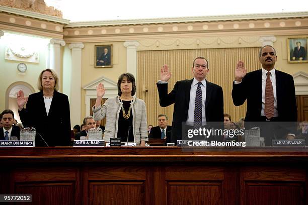 Mary Schapiro, chairman of the U.S. Securities and Exchange Commission, left, Sheila Bair, chairman of the U.S. Federal Deposit Insurance Corp.,...