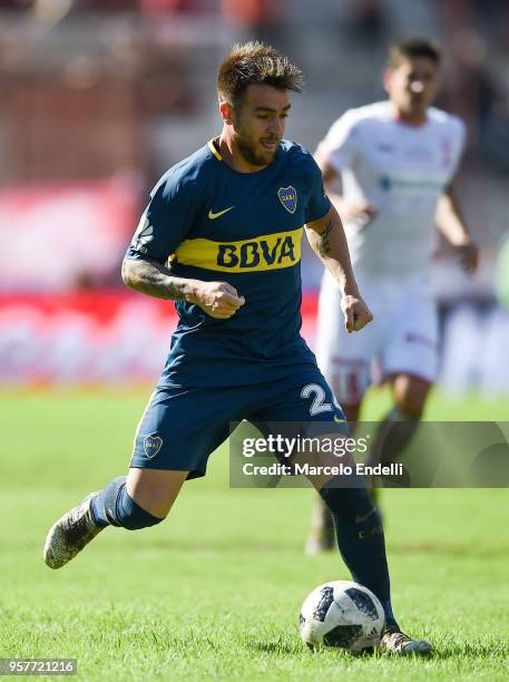 Julio Buffarini of Boca Juniors kicks the ball during a match between Huracan and Boca Juniors as part of Superliga 2017/18 at Estadio Tomas Adolfo...