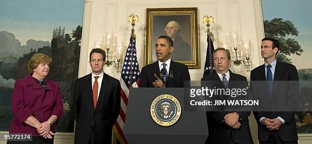 President Barack Obama makes a statement on the finacial crisis responsibility fee at the White House in Washington, DC, January 14, 2010 with...