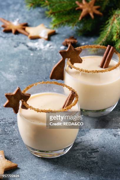 Eggnog Christmas milk cocktail with cinnamon, served in two glasses with shortbread star shape sugar cookies different size, decor toys, fir branch...