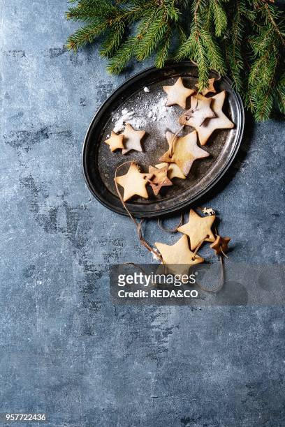 Homemade shortbread star shape sugar cookies different size with sugar powder on thread in vintage metal tray with fir branches over blue texture...