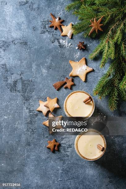 Eggnog Christmas milk cocktail with cinnamon, served in two glasses with shortbread star shape sugar cookies different size, fir branch over blue...