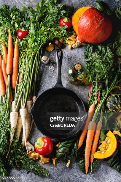 Variety of autumn harvest vegetables carrot, parsnip, chard, paprika, hokkaido pumpkin, mushrooms. Empty iron cast pan, olive oil, salt over gray...