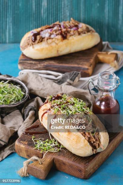 Variety of pulled pork sandwiches with meat, fried onion, green sprouts and bbq ketchup, served on wood cutting board with small bottle of tomato...