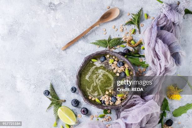 Spring green nettle and dandelion smoothie bowl served with lime, yellow flowers, young leaves, oat flakes, chia seeds, blueberries, gauze and spoon...