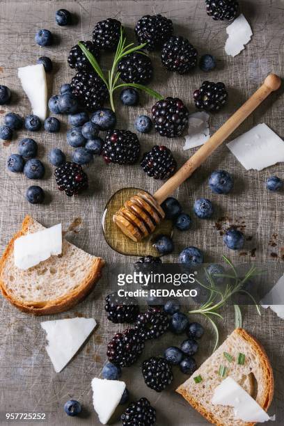 Berries blackberry and blueberry, honey on dipper, rosemary, sliced goat cheese with bread served over gray metal texture background. Summer...
